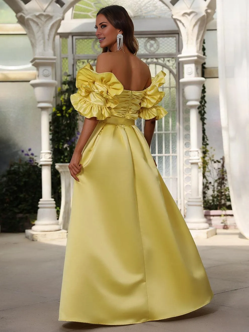 A-line pleated ruffled satin and floor length formal dress