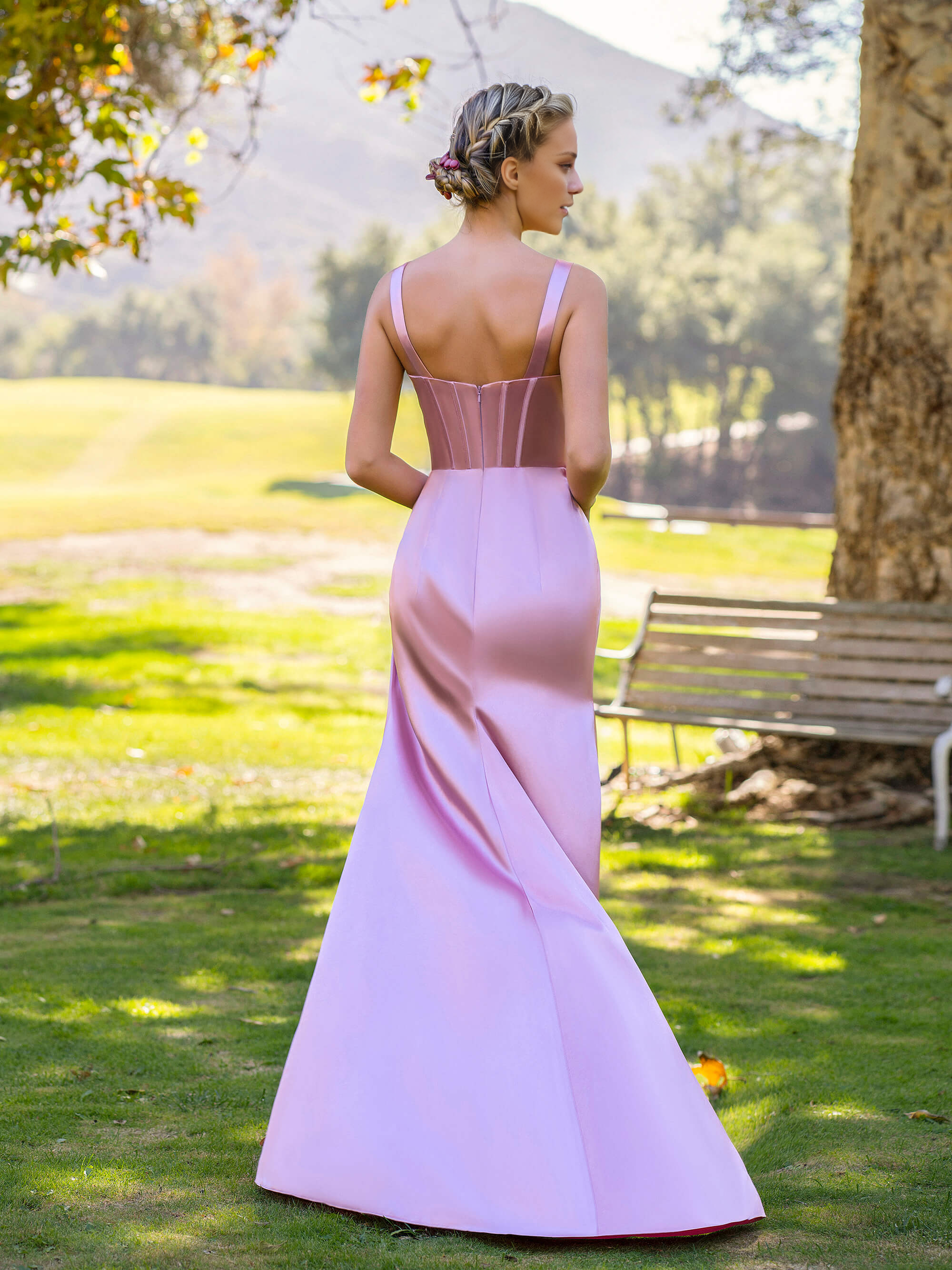 Pink V-neck satin backless side slit and floor length formal dress
