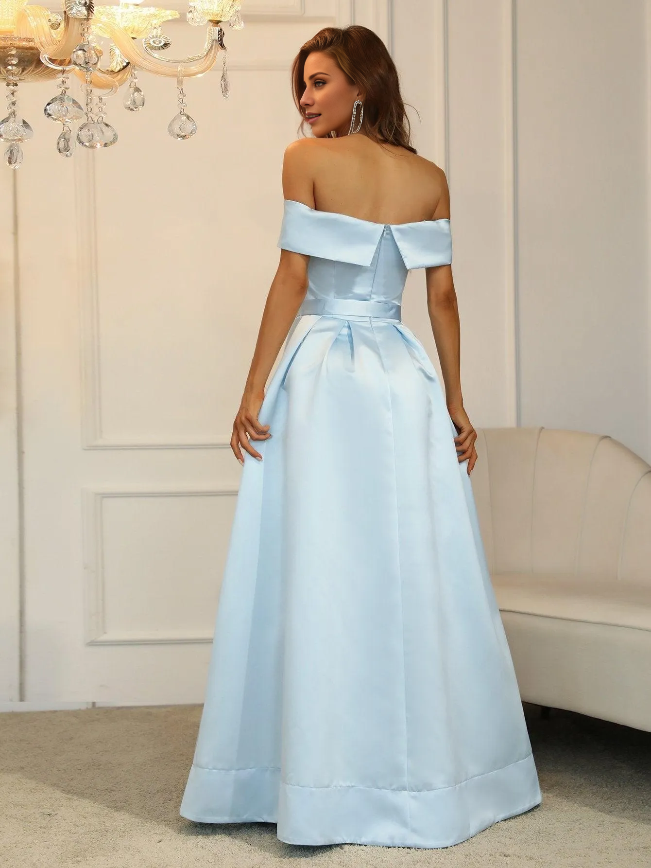 Off shoulder buckle strap satin and floor length formal dress