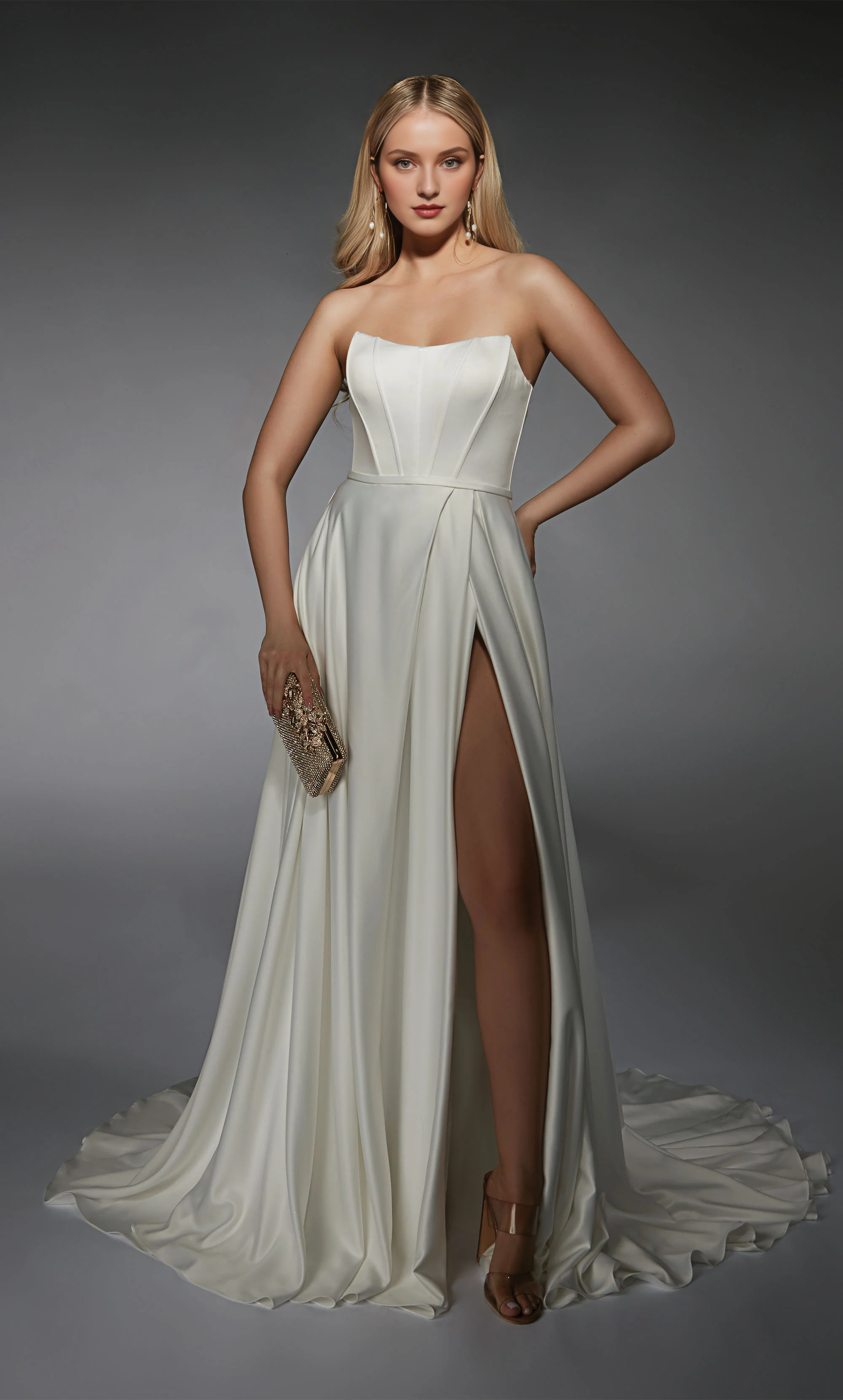 Perfect satin strapless A-line lace up vest tight corset slit wedding dresses