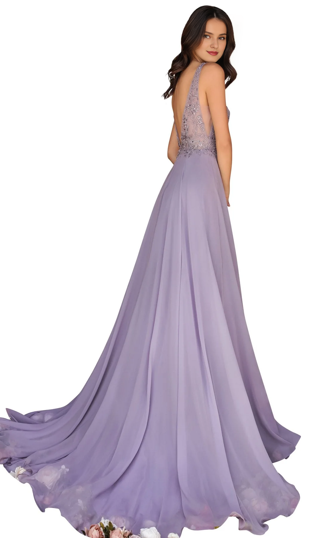 A-line V-neck thin shoulder strap floral embroidery and floor length evening dress