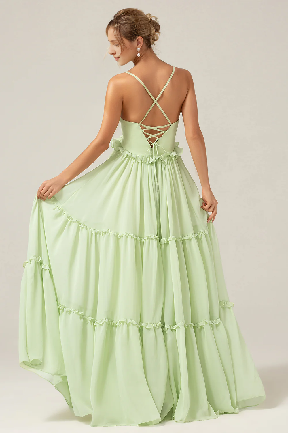 A-line thin shoulder strap backless long green ruffled bridesmaid dress