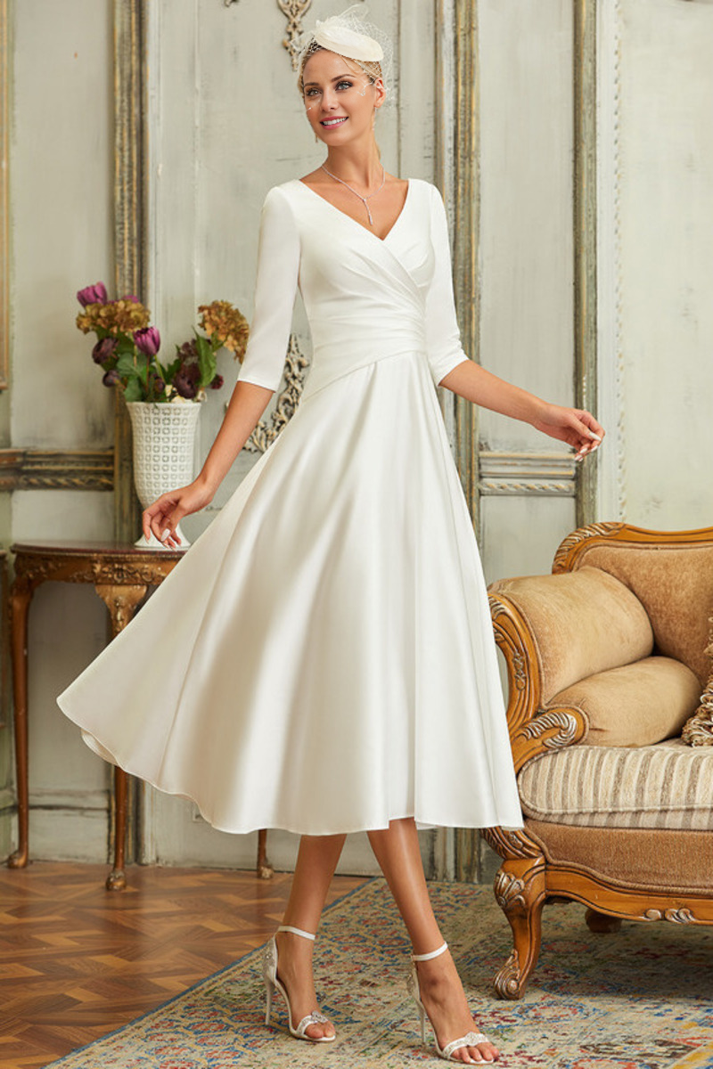 A-line V-neck tea 3/4 sleeve satin wedding dress