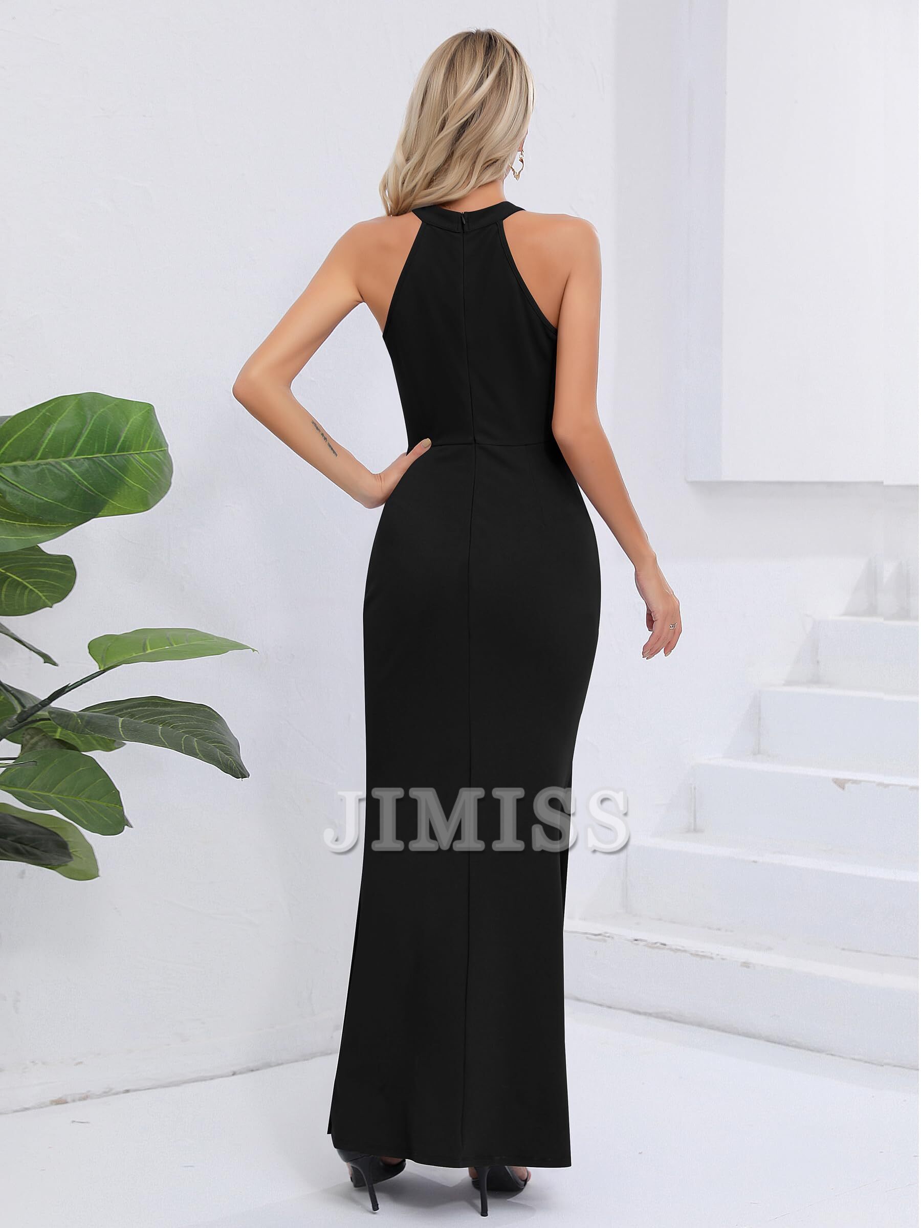 Long party dress with neck hanging sleeveless slit elegant slim fit evening gown