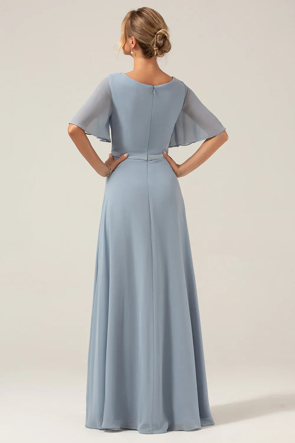 Grey blue A-line V-neck chiffon short sleeved and floor length bridesmaid dress