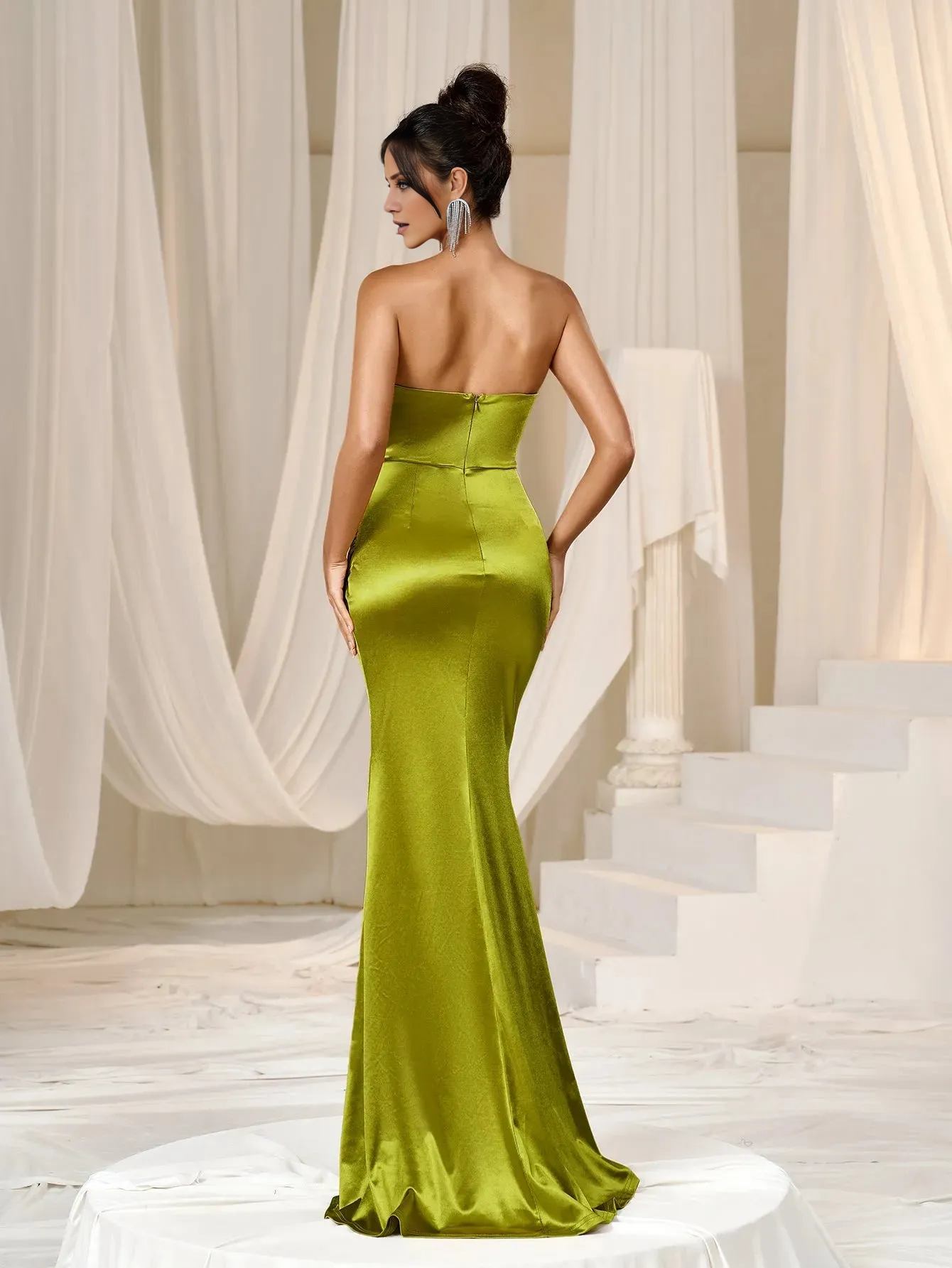 Mermaid strapless satin side slit and floor length formal dress