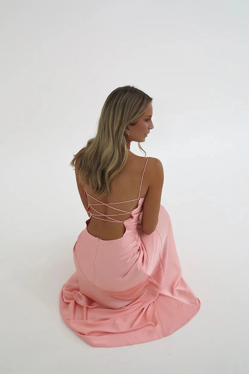 Jimiss minimalist tight thin shoulder strap pink front slit long Prom dress