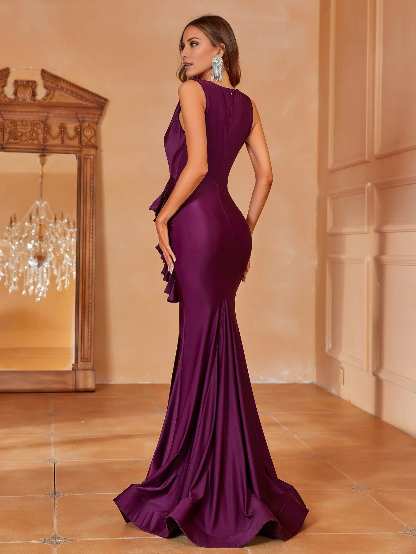 Satin V-neck ruffle edge side slit and floor length formal dress