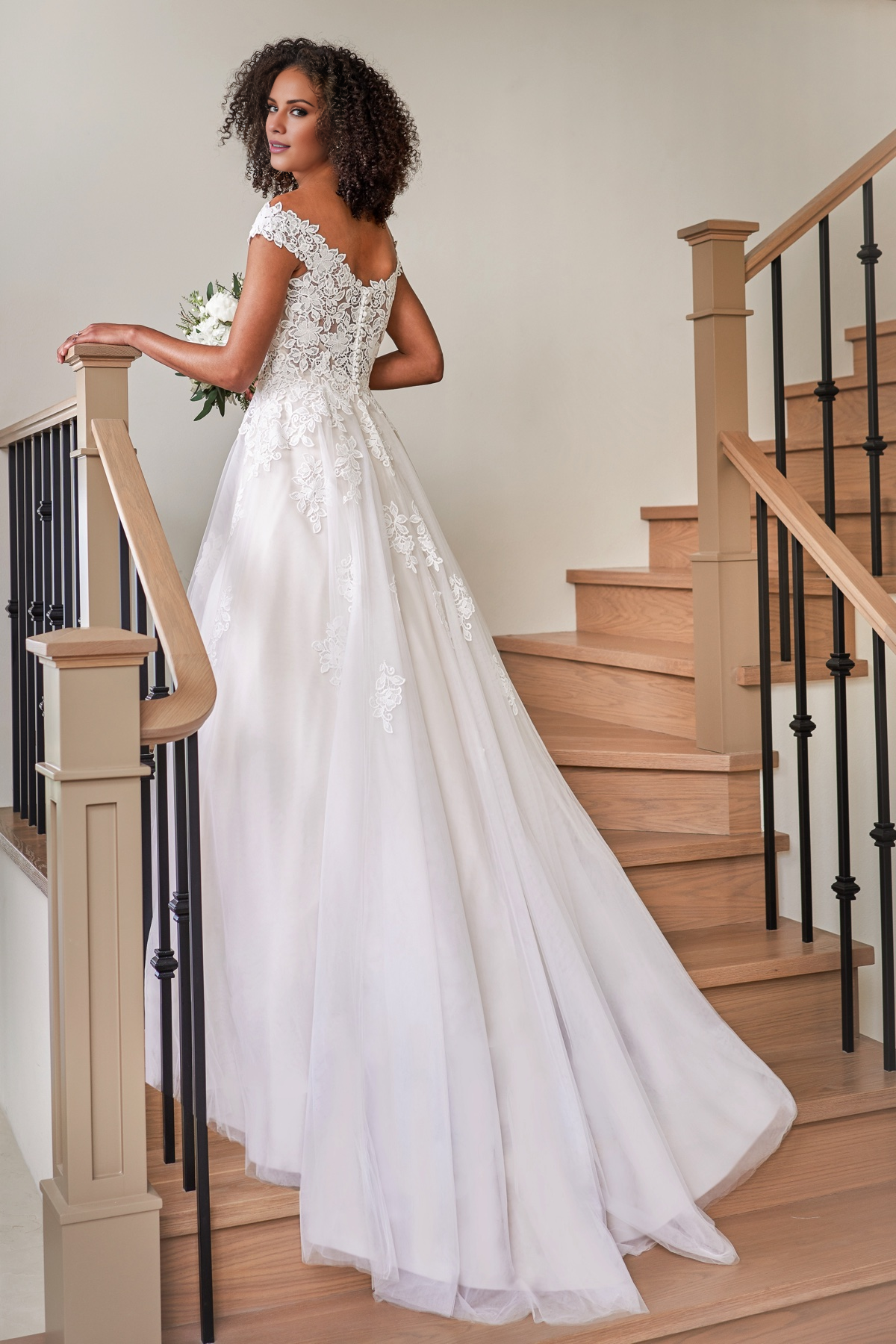 A-line off shoulder V-neck sheer and floor length wedding dress