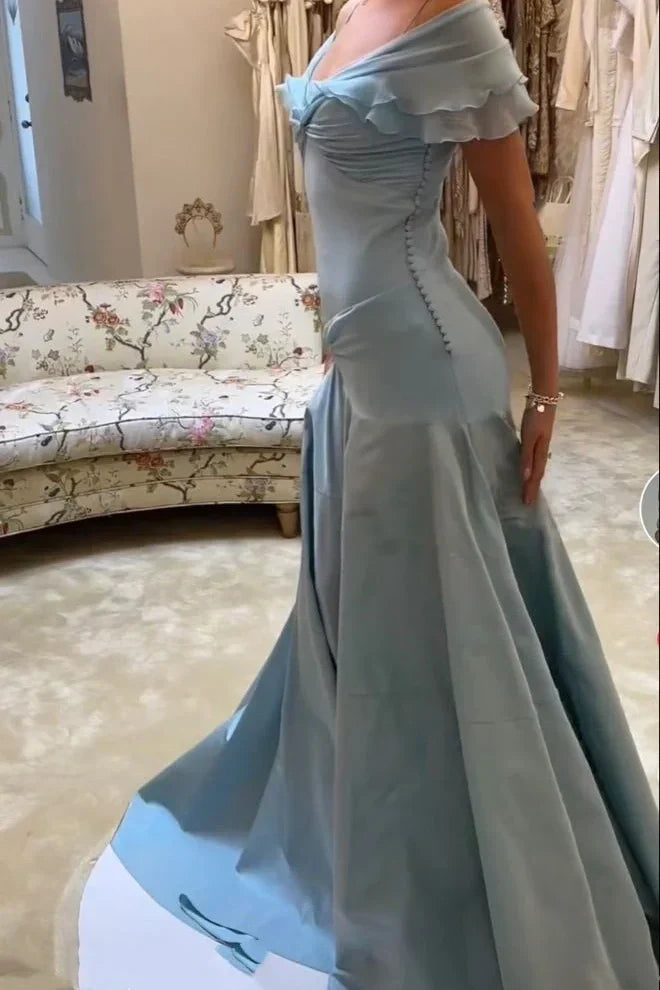Jimiss Retro Style A-line Off Shoulder Grey Blue Ruffle Long Prom Dress
