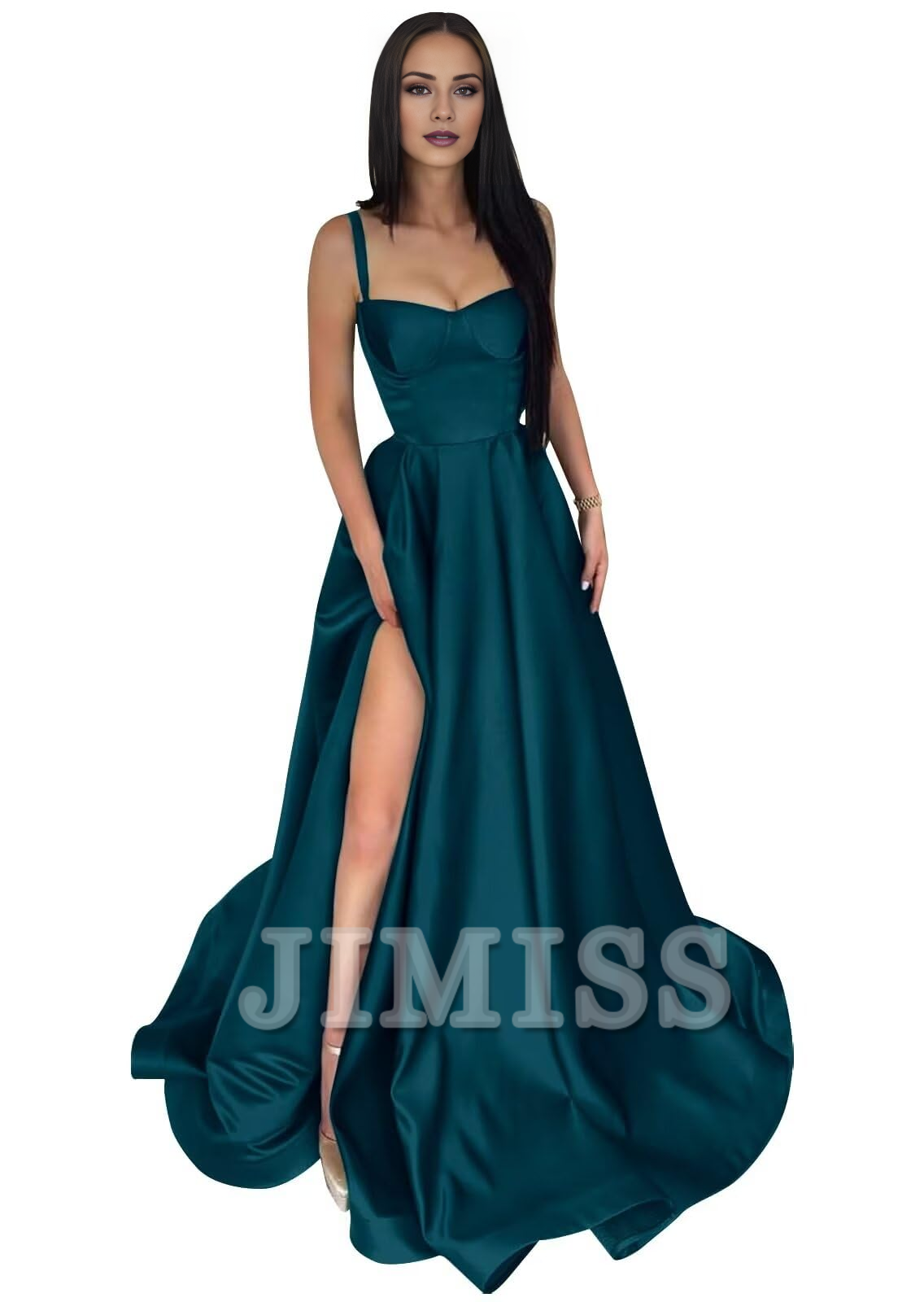 Thin shoulder strap satin ball gown with long A-line slit and pleated formal party evening gown