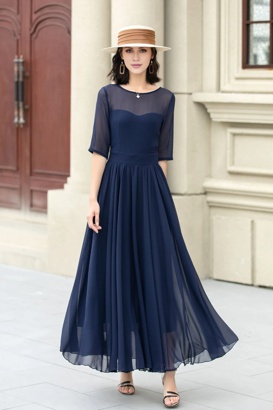 Jimiss Ship Neck Short Sleeve Chiffon Horn Long Prom Dress