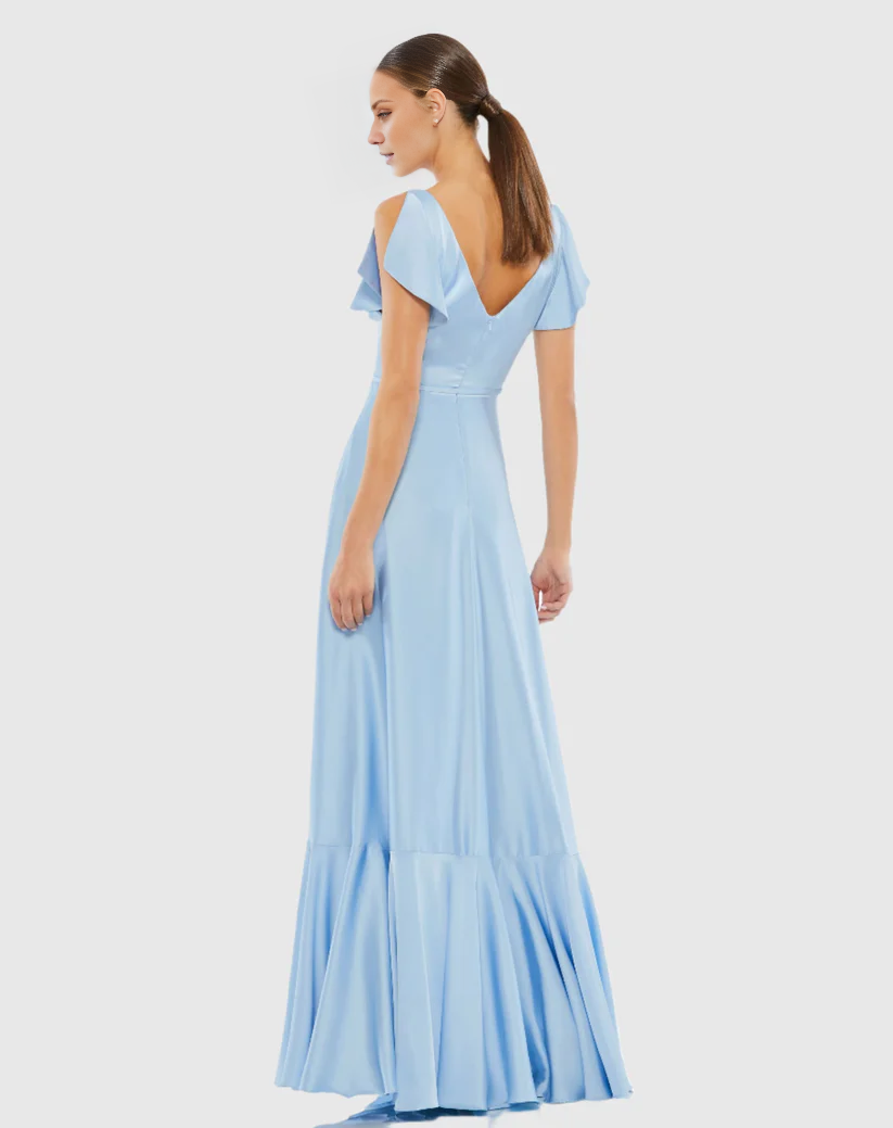 V-neck short-sleeved satin ruffle floor-length evening dress