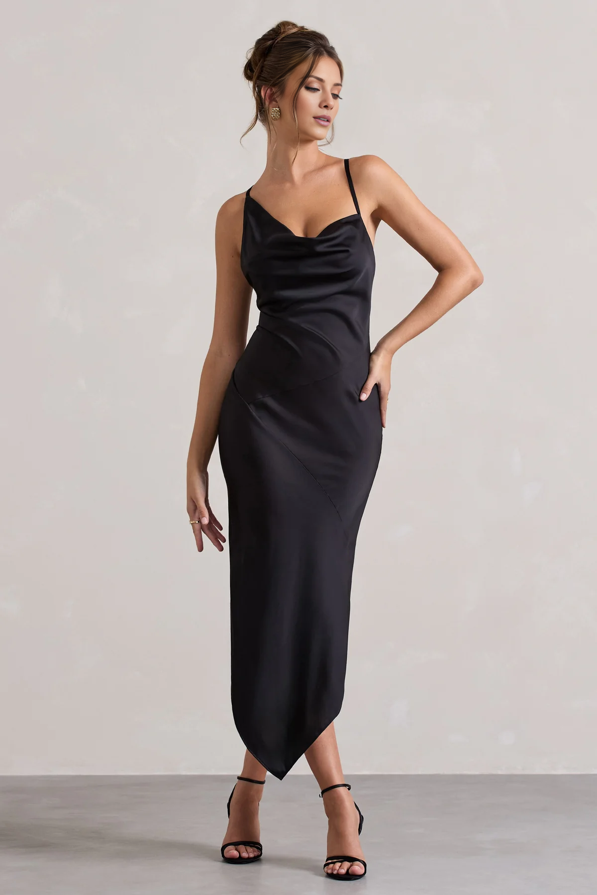Asymmetric hanging collar backless satin mid length evening dress - Jimiss dress