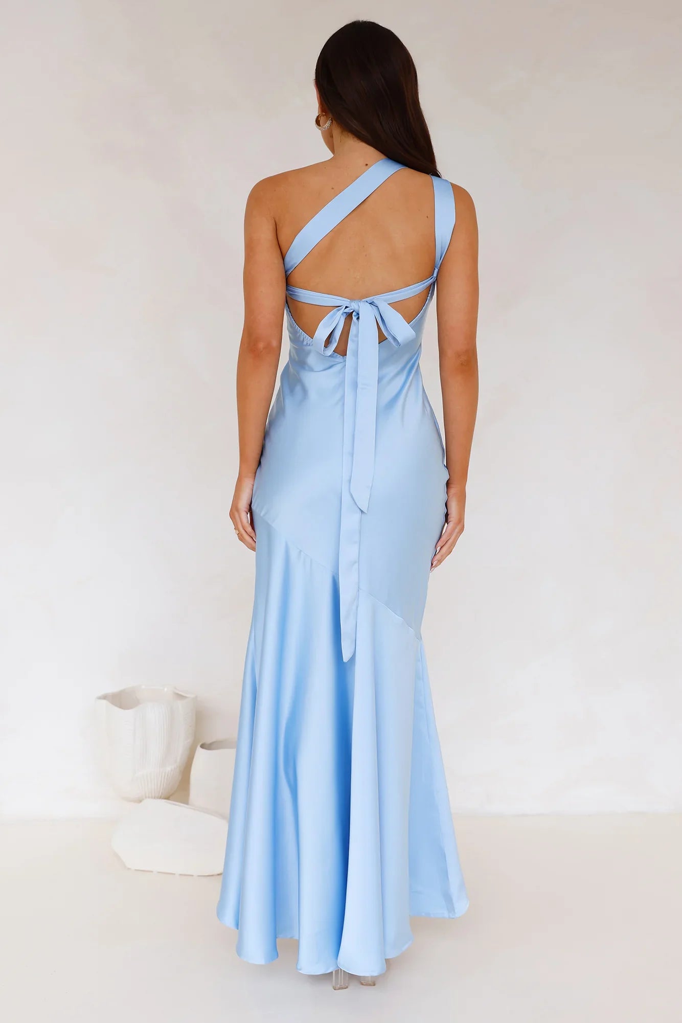 Jimiss single shoulder collar satin backless lace up and floor length Prom dress