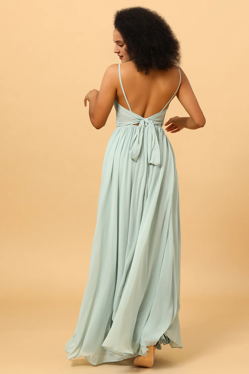 Light green pleated long slit chiffon bridesmaid dress