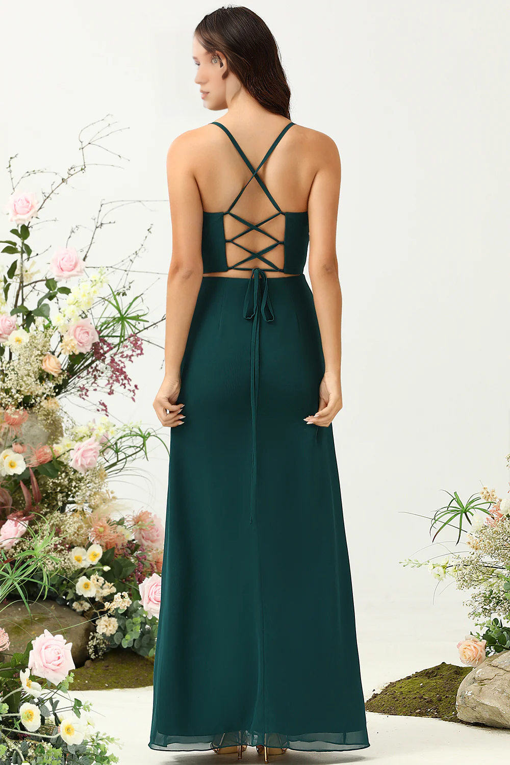 A Line thin shoulder strap backless chiffon bridesmaid dress