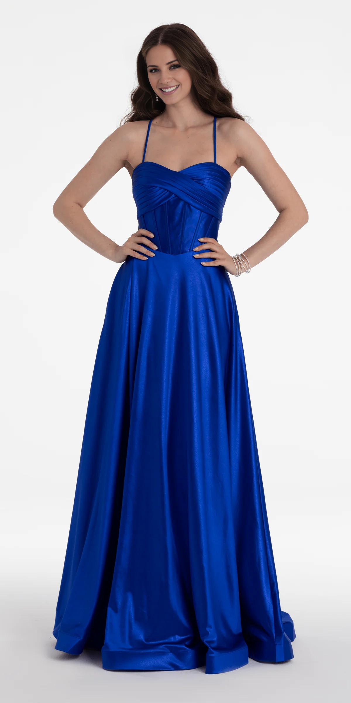 Jimiss off shoulder satin thin shoulder strap tight corset and floor length Prom dress