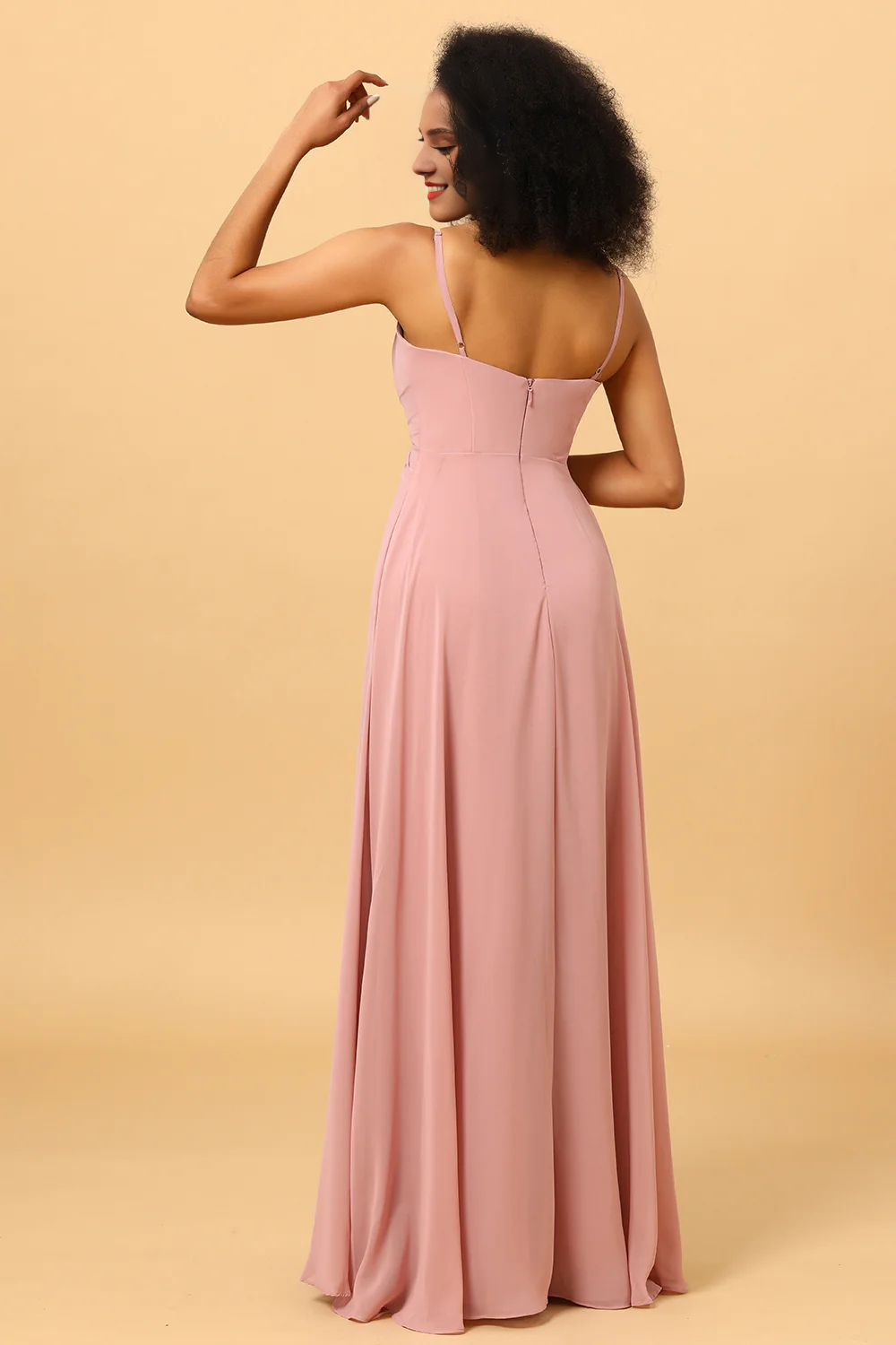 Pink A-line neck V-neck chiffon ruffle hem slit long bridesmaid dress