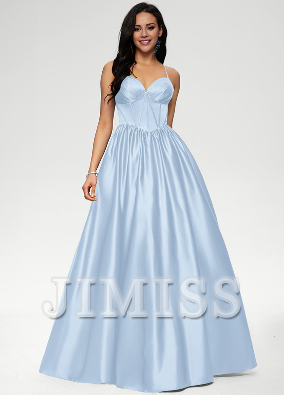 Ball-Gown/Princess V-neck pleated floor-length satin prom dress