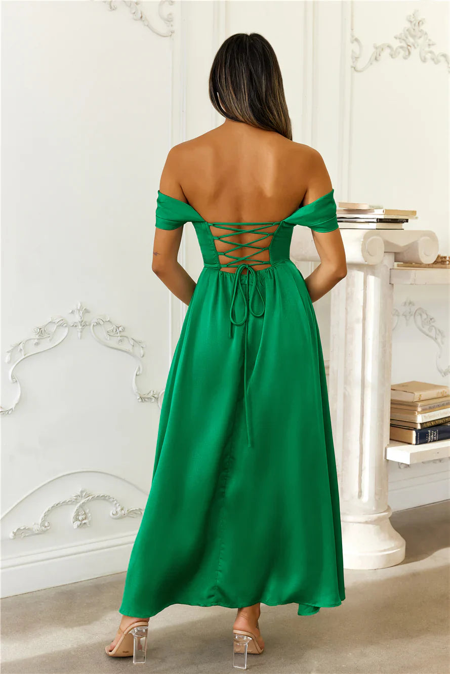 Jimiss Off Shoulder Satin Back Strap Long Prom Dress