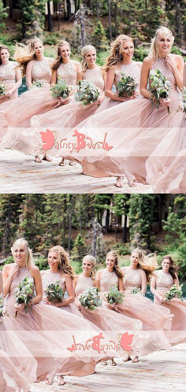 New Arrival Popular Pink Sequin Chiffon Halter A-line Elegant Wedding Party Bridesmaid Dresses,DB097