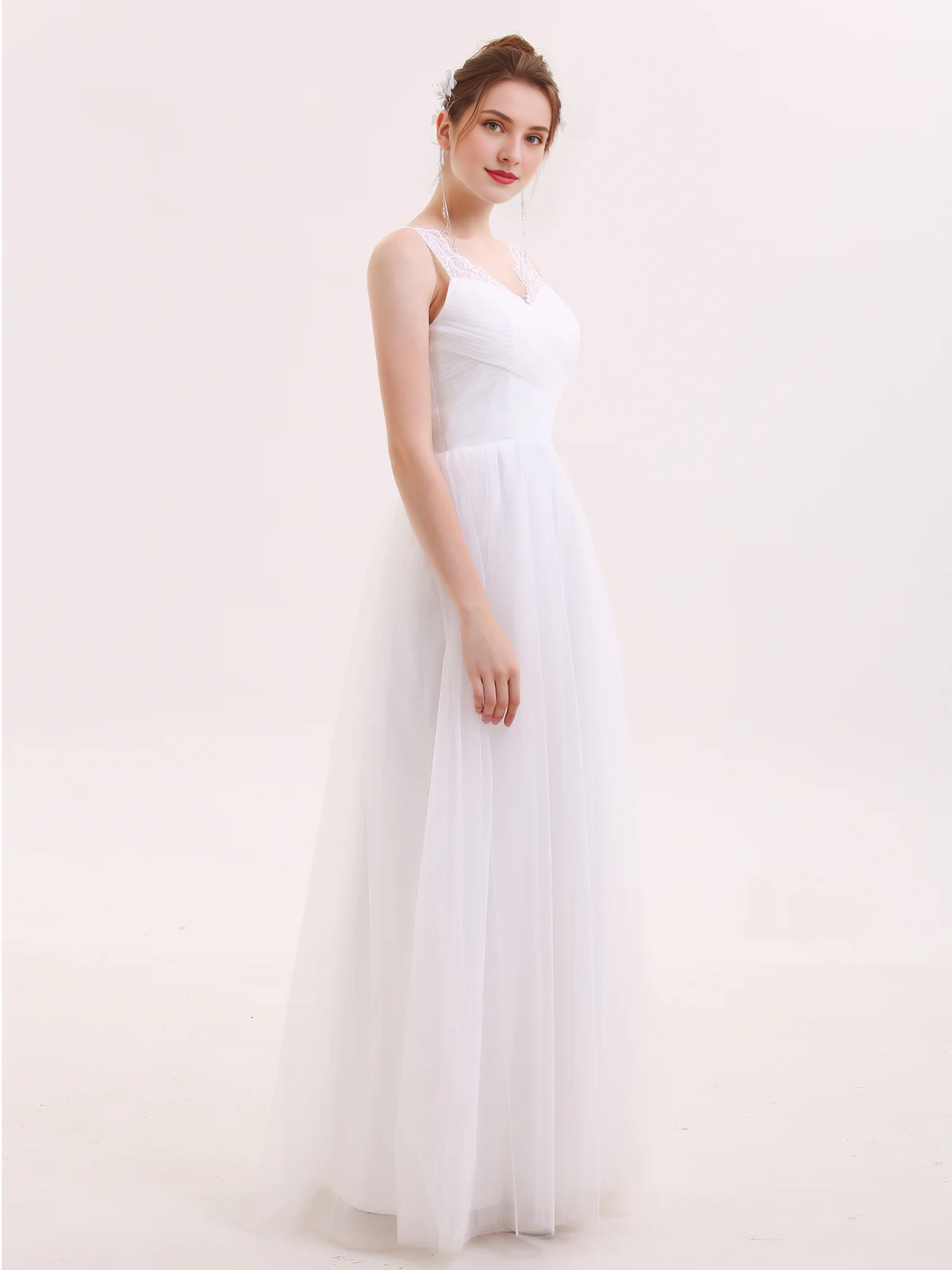 Lace shoulder strap chiffon long wedding dress