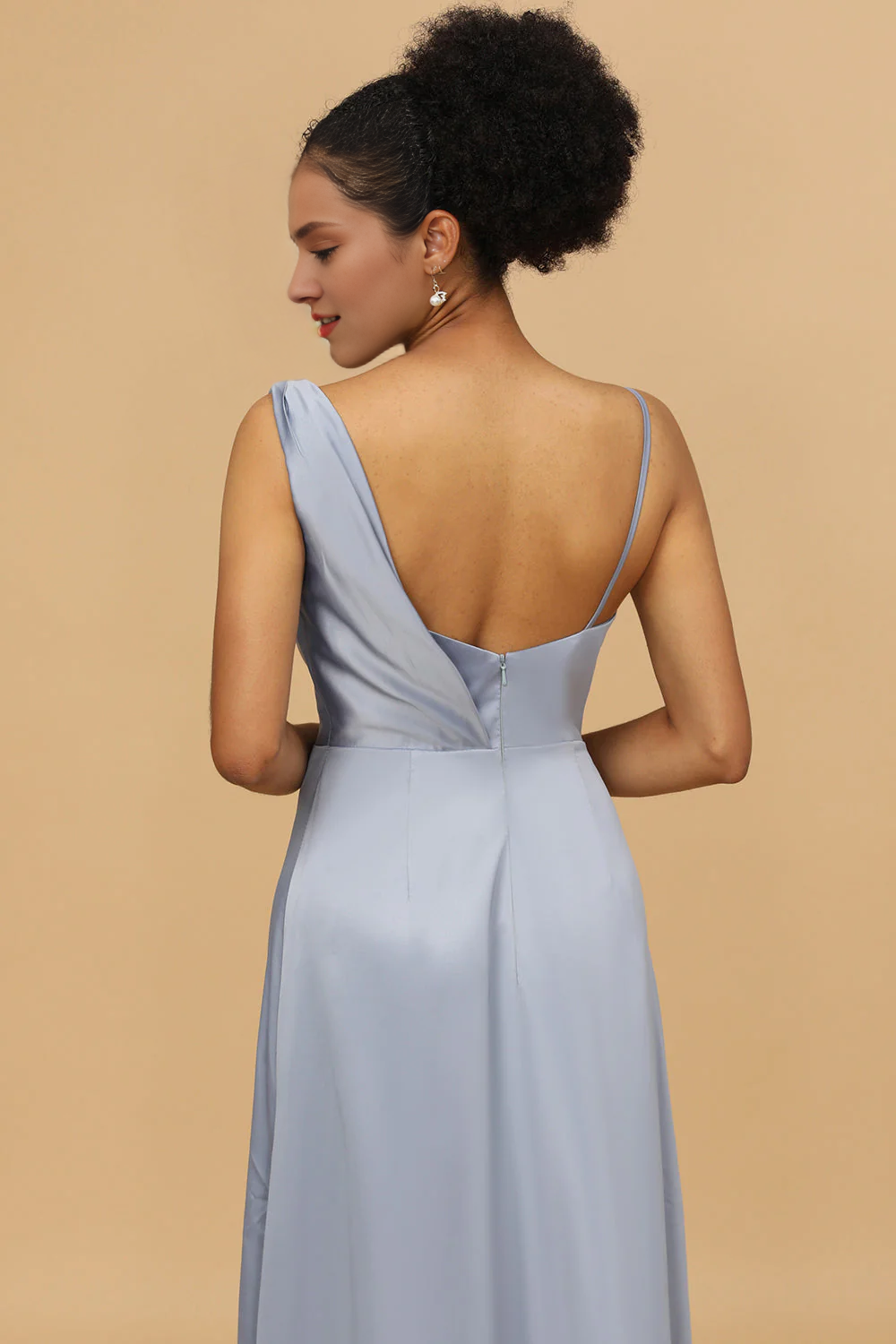 Grey blue A-line asymmetrical neckline satin long bridesmaid dress