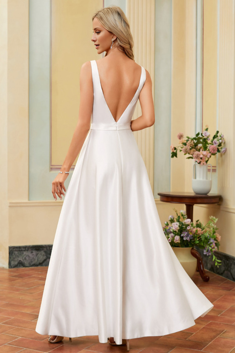 A-line V-neck sleeveless thin shoulder strap and floor length satin wedding dress