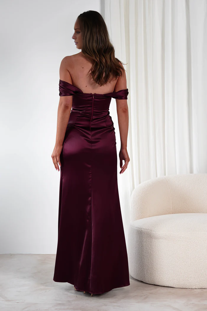 Off shoulder collar satin side slit backless and floor length Prom dress - Jimiss Dress