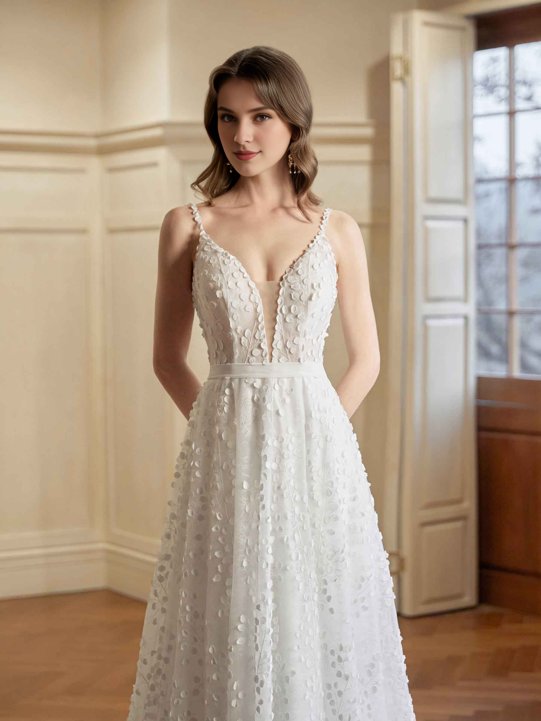 Grey white A-line thin shoulder strap V-neck extra long lace wedding dress