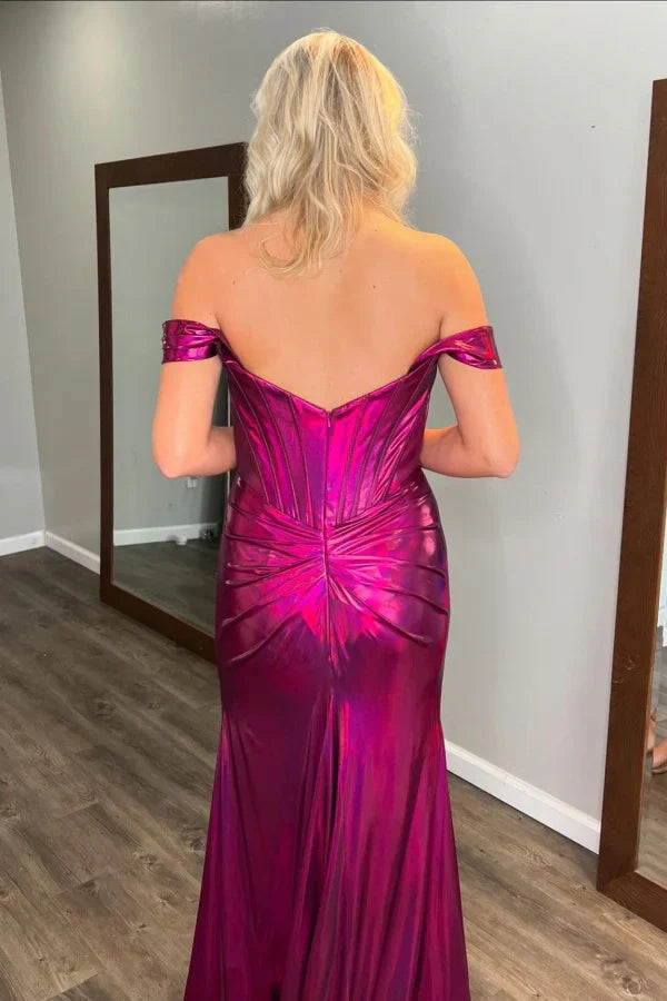 Jimiss minimalist slim fit off shoulder sleeveless pleated high side slit evening gown