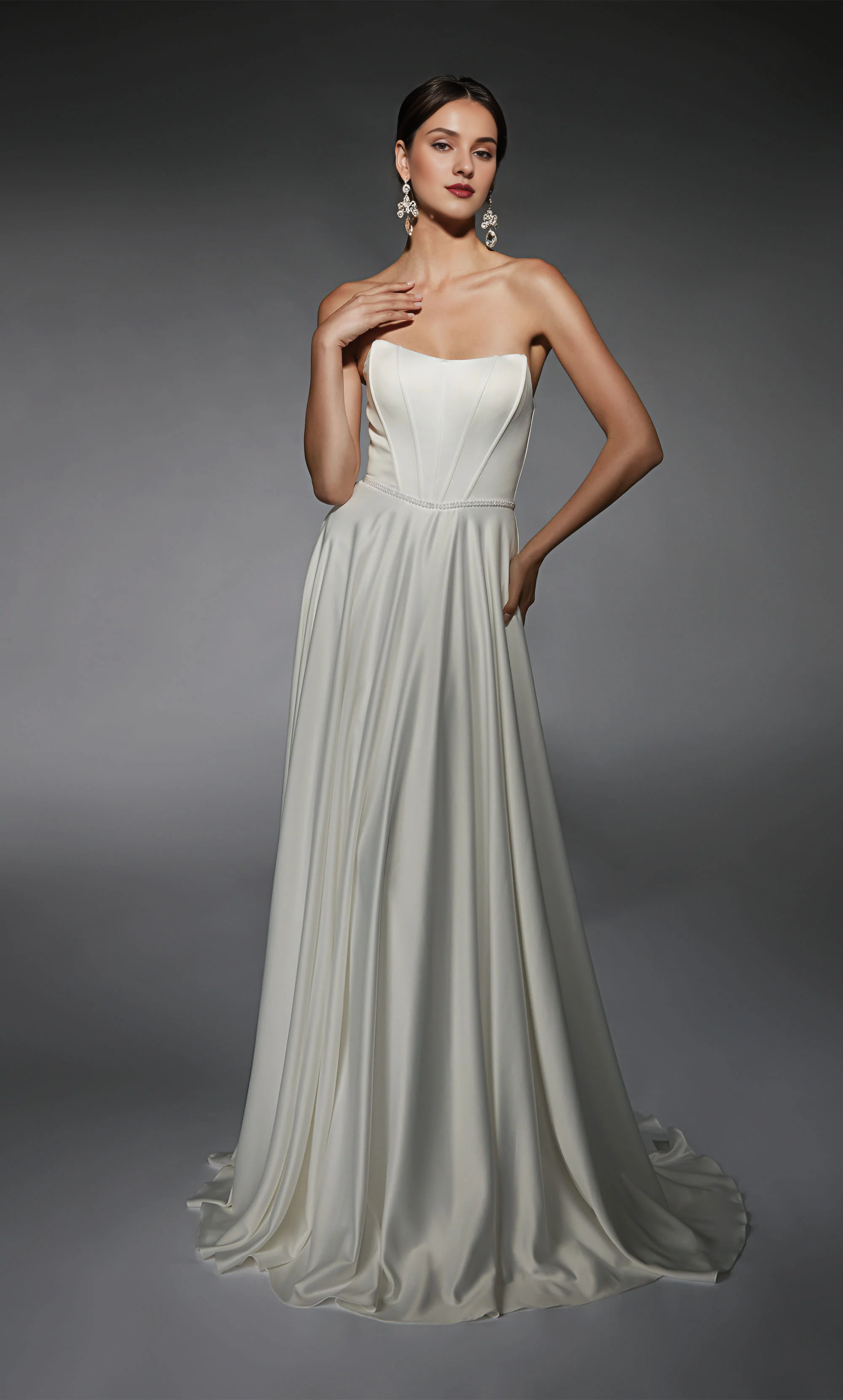 Perfect satin strapless A-line backless tight corset wedding dresses