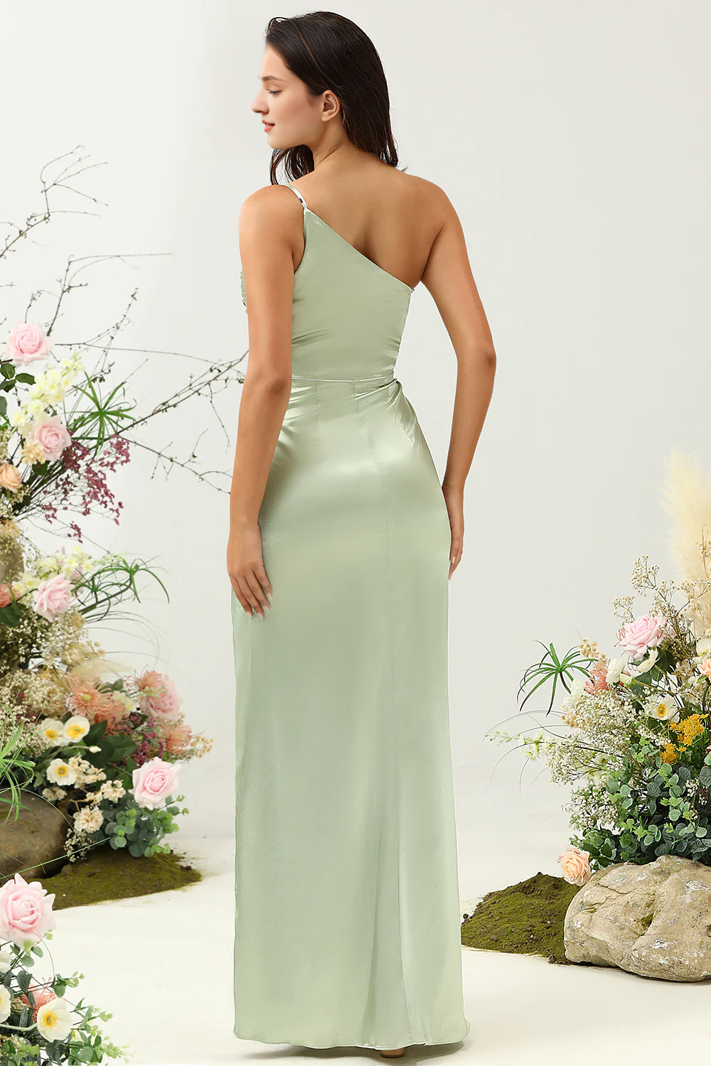 Sage A Line One Shoulder Bright Satin Split Bridesmaid Dress