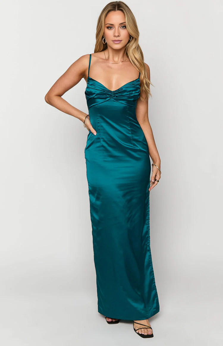 Jimiss Sweetheart Collar Thin Shoulder Strap Bareback Satin Side Split Long Prom Dress