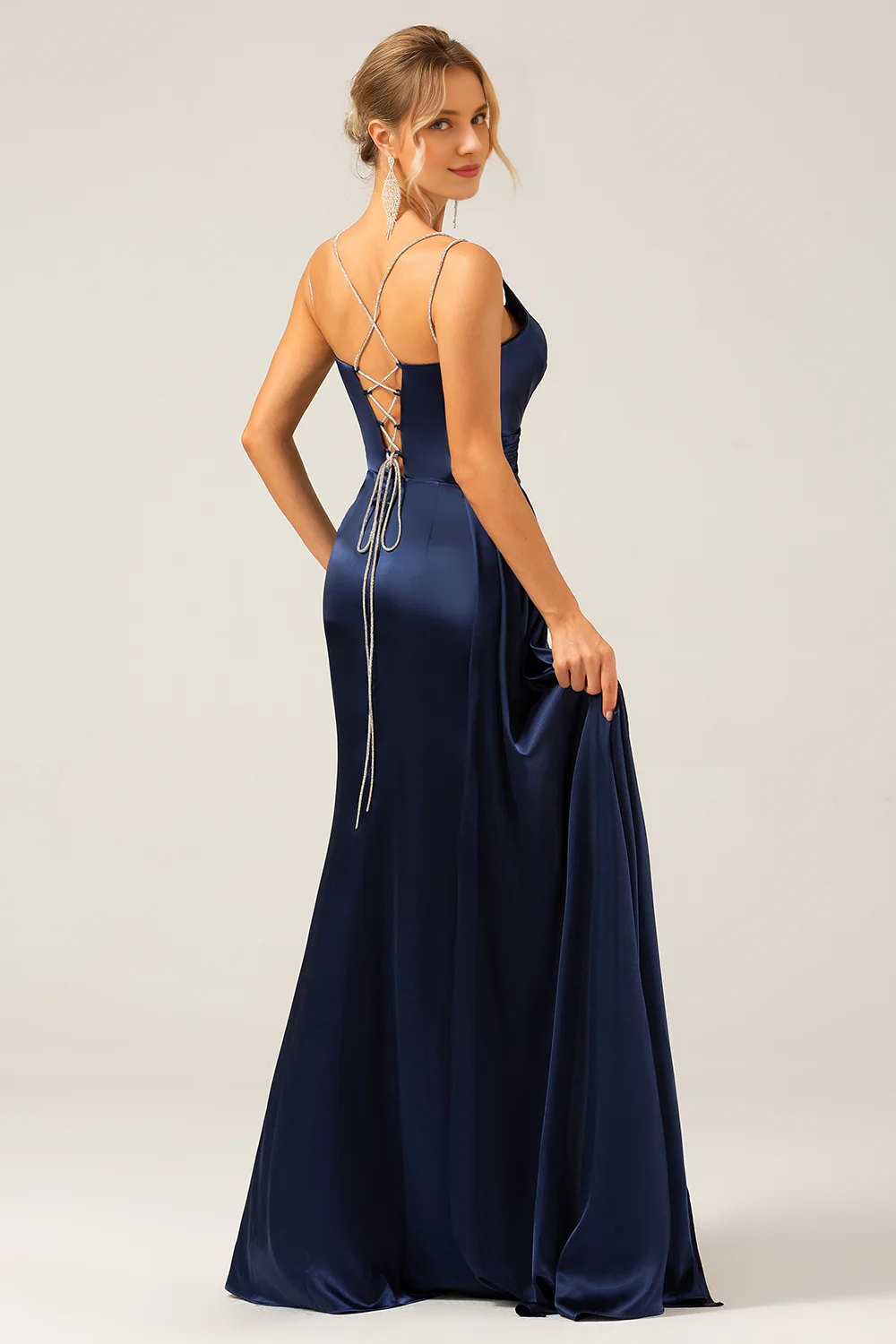 Navy blue fishtail thin shoulder strap slit pleated sequin ultra long dress