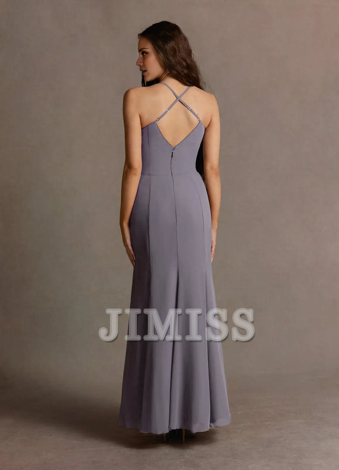 A-line hanging neck collar shoulder exposed chiffon long style evening dress