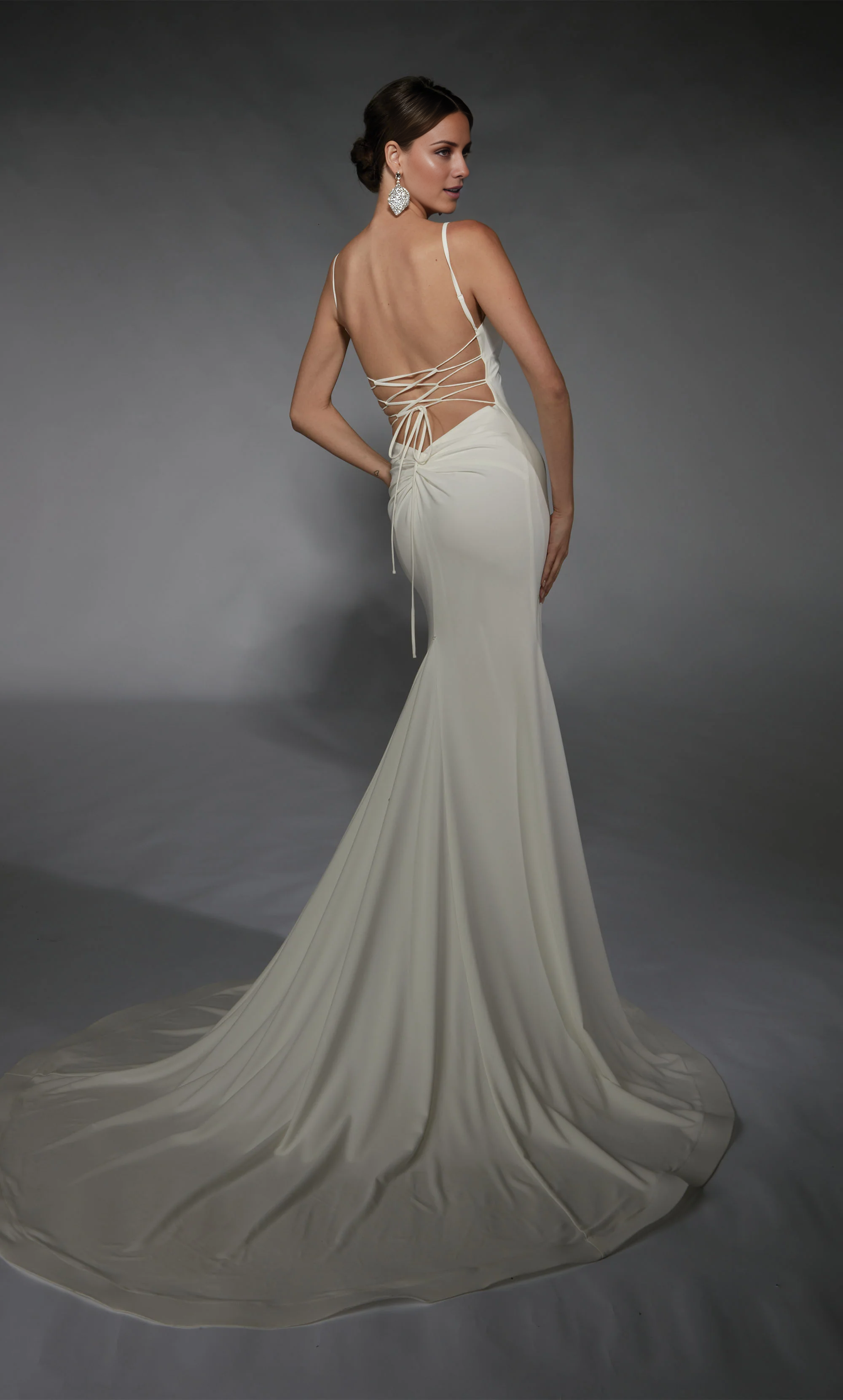 V-neck slim fit trumpet shaped lace up back wedding dress