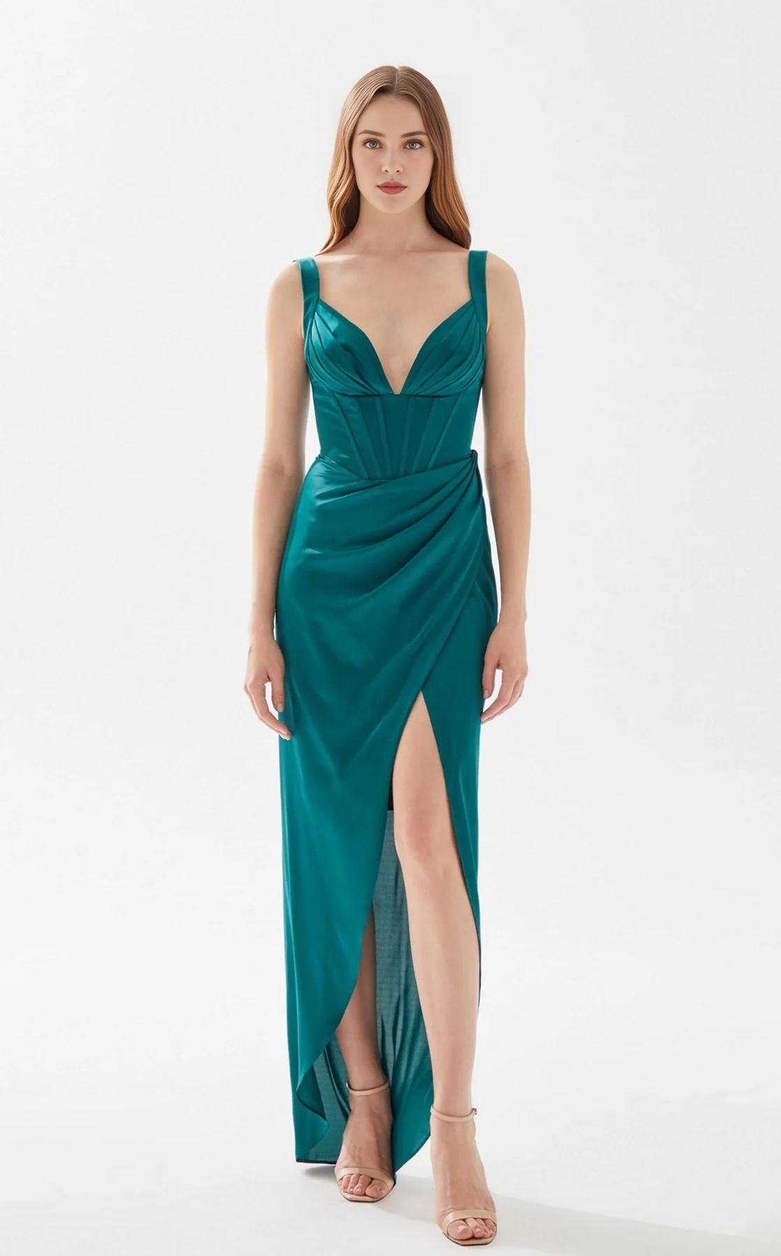 Deep V-neck sleeveless high slit and floor length evening dress