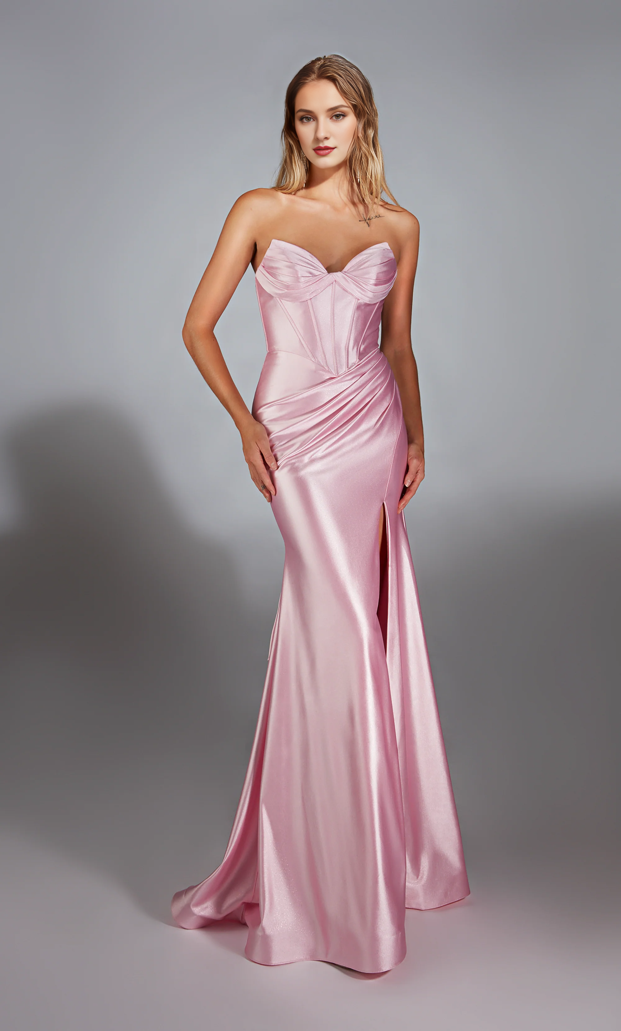 Satin strapless slim evening gown with trumpet shaped tight corset and slit long formal dress