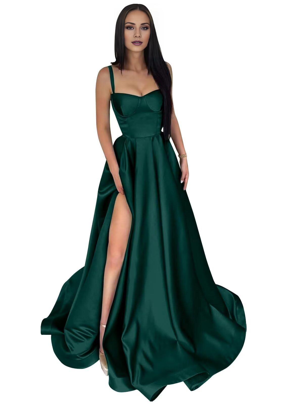 Thin shoulder strap satin ball gown with long A-line slit and pleated formal party evening gown