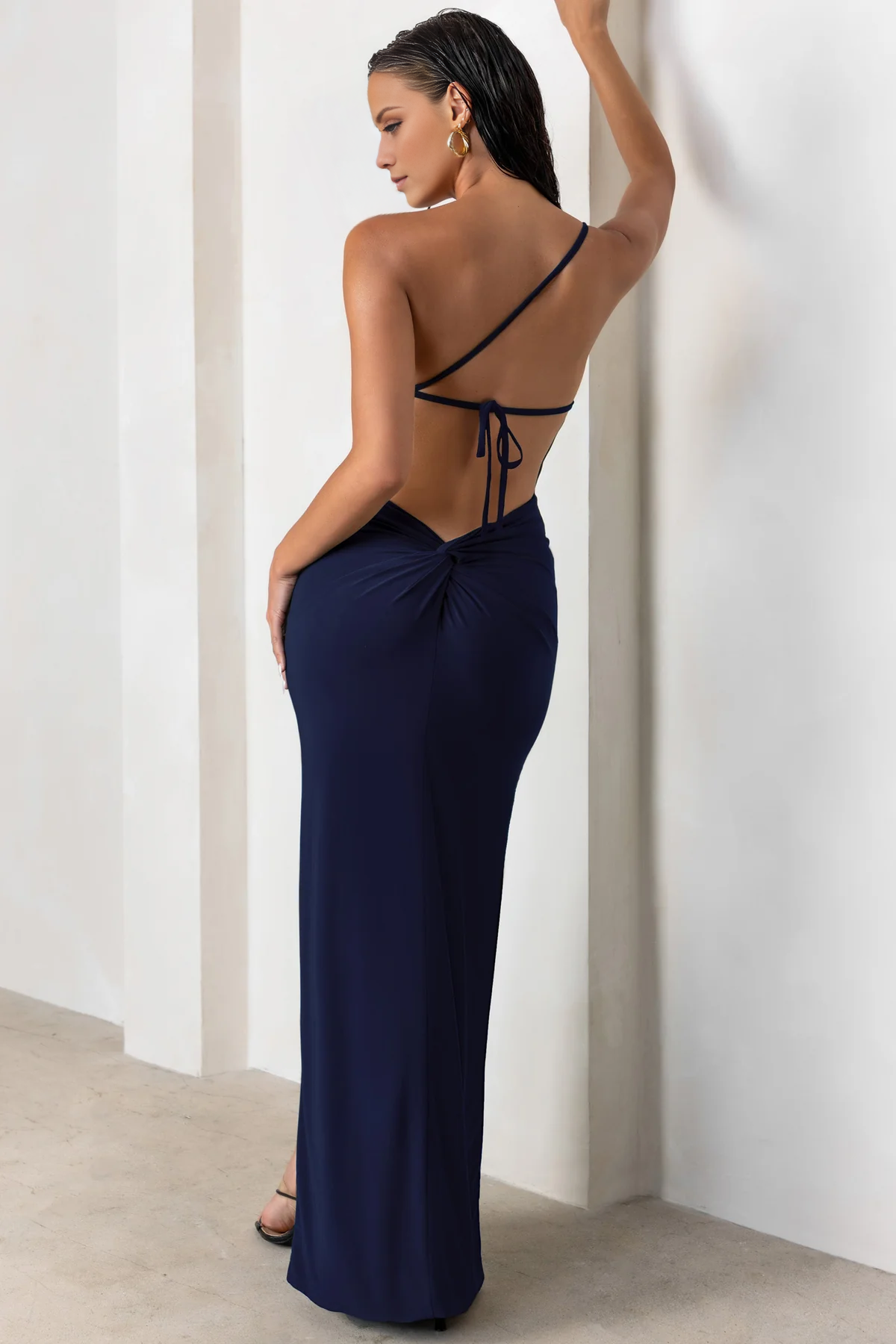 Backless detail shoulder side slit and floor length evening dress - Jimiss Dress