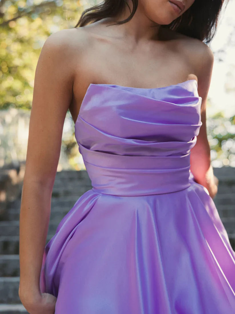 Strapless sleeveless pleated high-low skirt floor-length evening dress