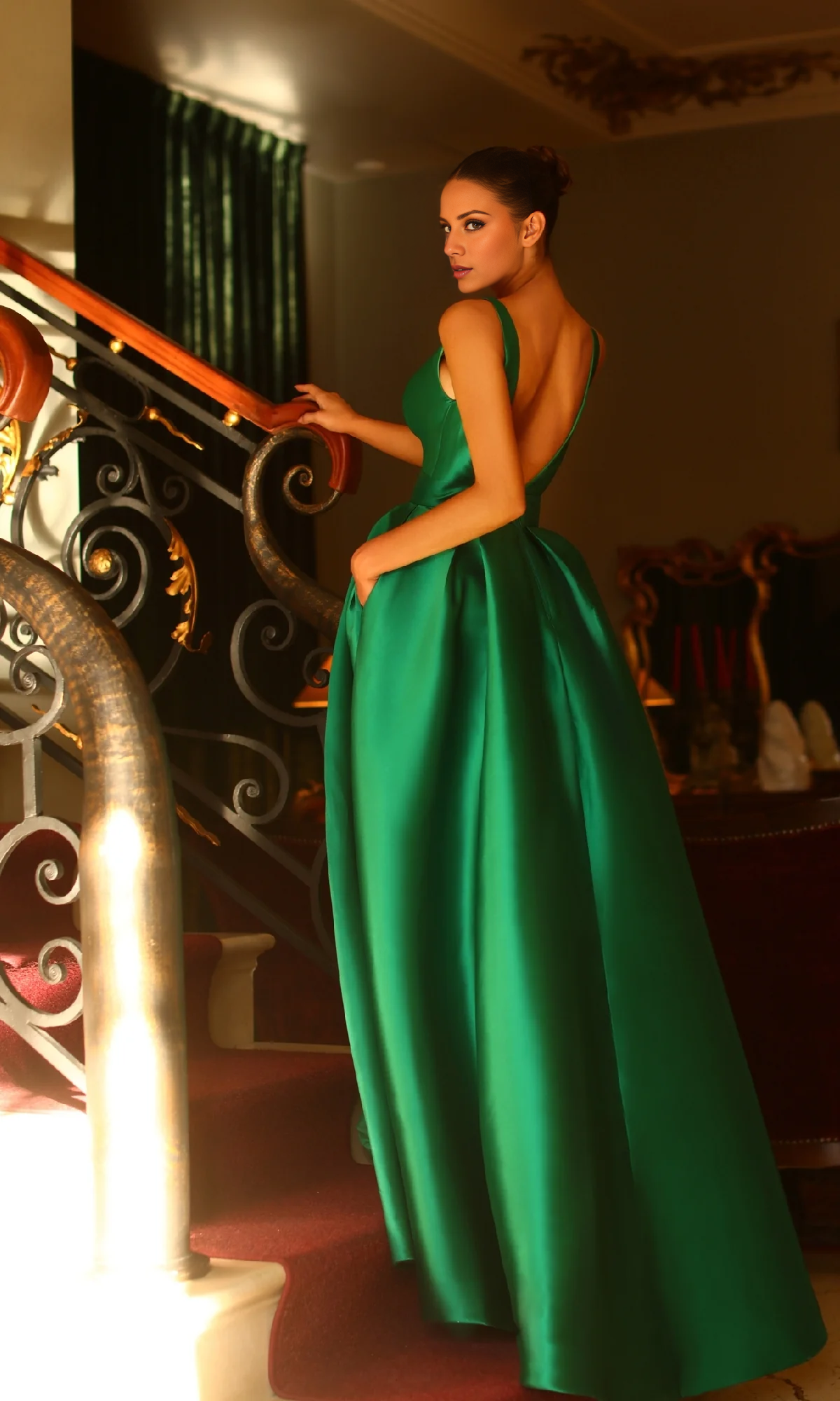 Jimiss A-line deep V-neck off shoulder side slit and floor length evening dress