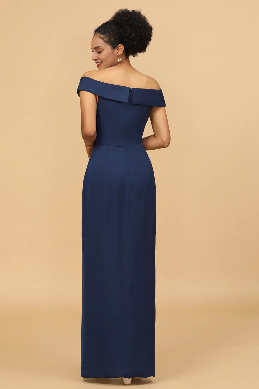 Navy blue tight fitting/straight tube off shoulder satin bridesmaid dress