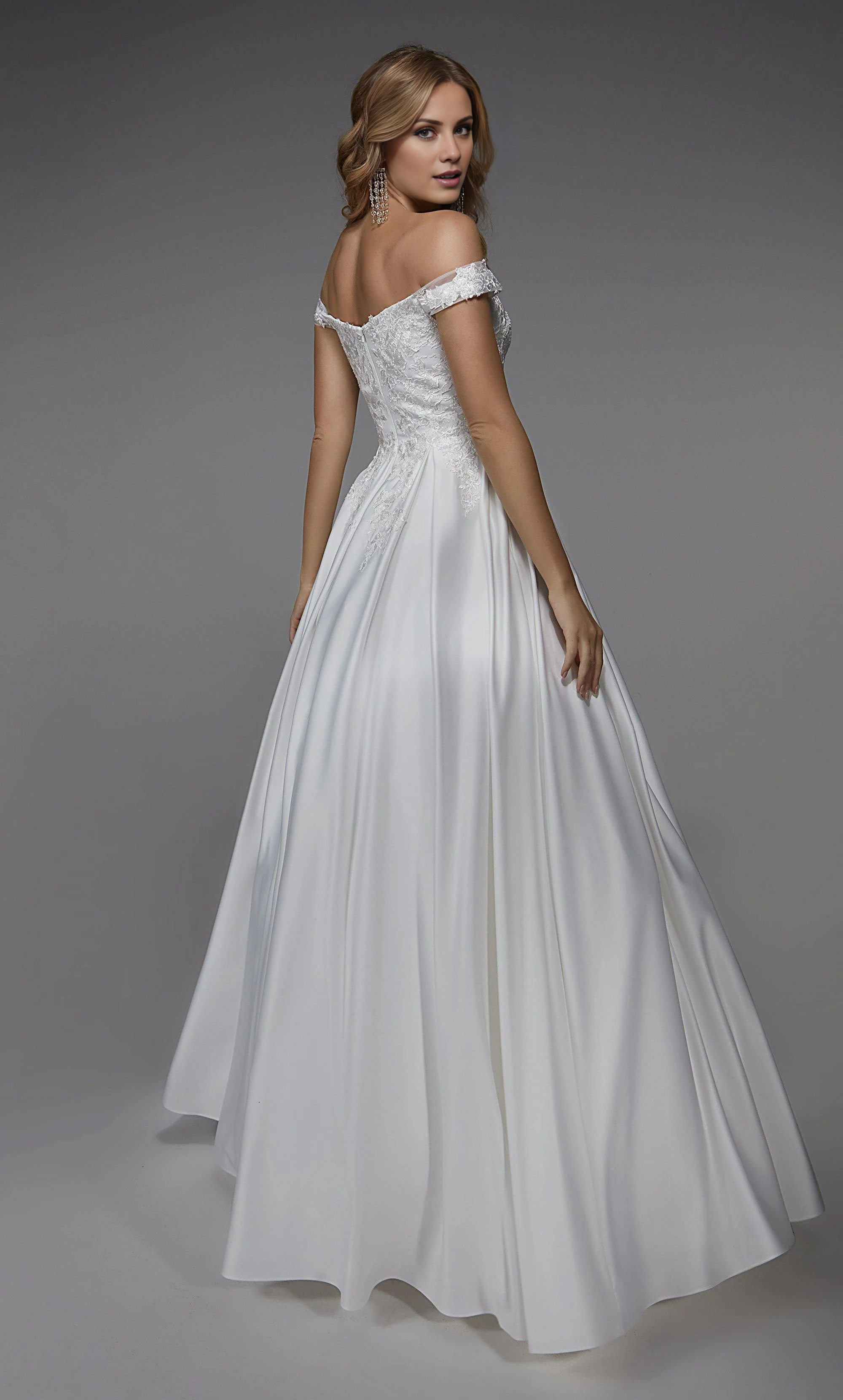 Perfect satin off shoulder A-line backless lace embroidery and floor length wedding dresses