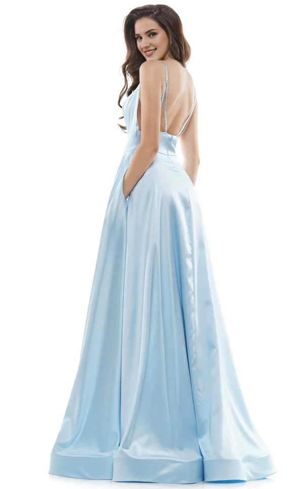 A-line V-neck sleeveless tight corset with side slits and floor length evening gown