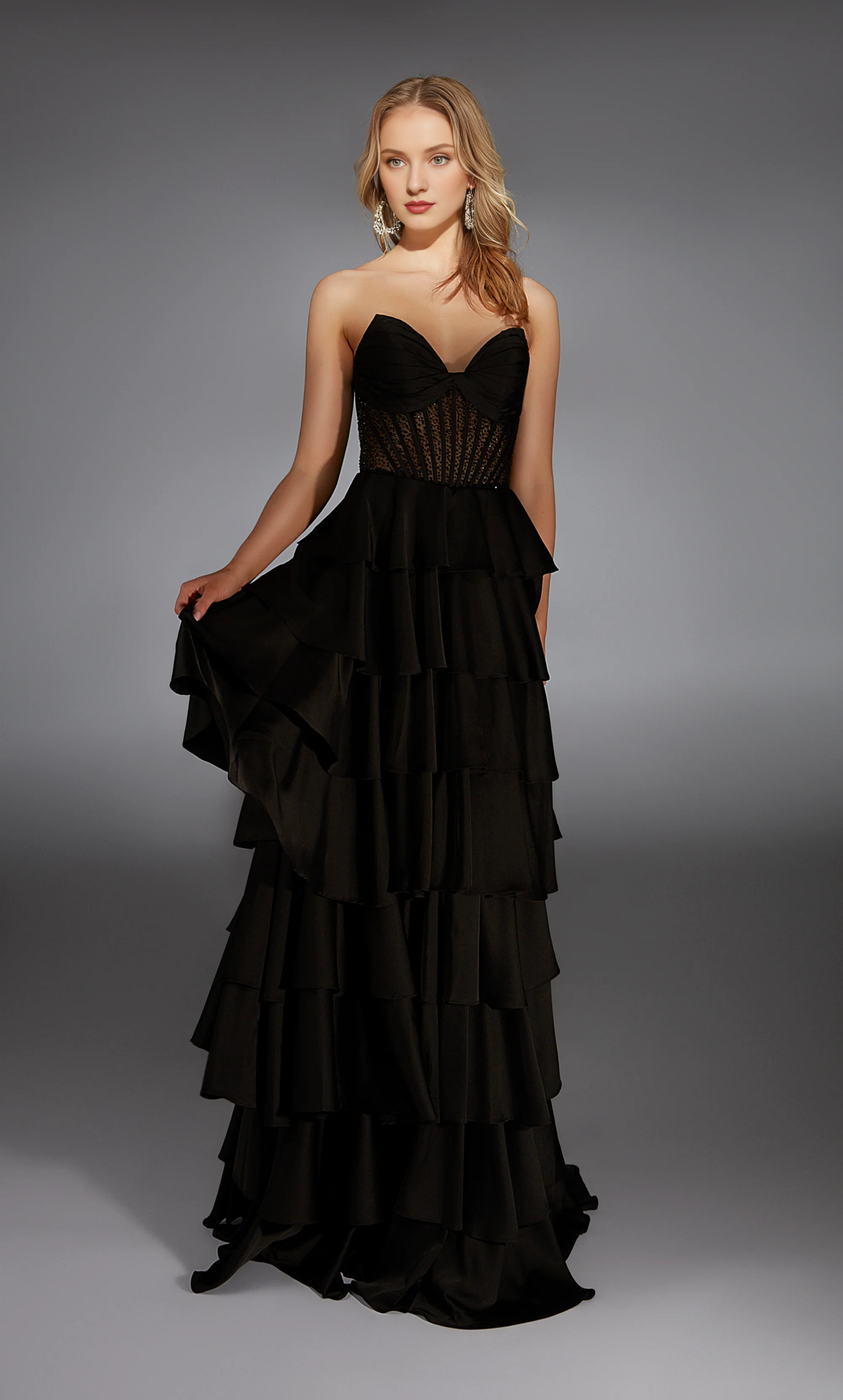 Satin chiffon strapless A-line evening gown backless tight corset ruffled skirt long formal dress
