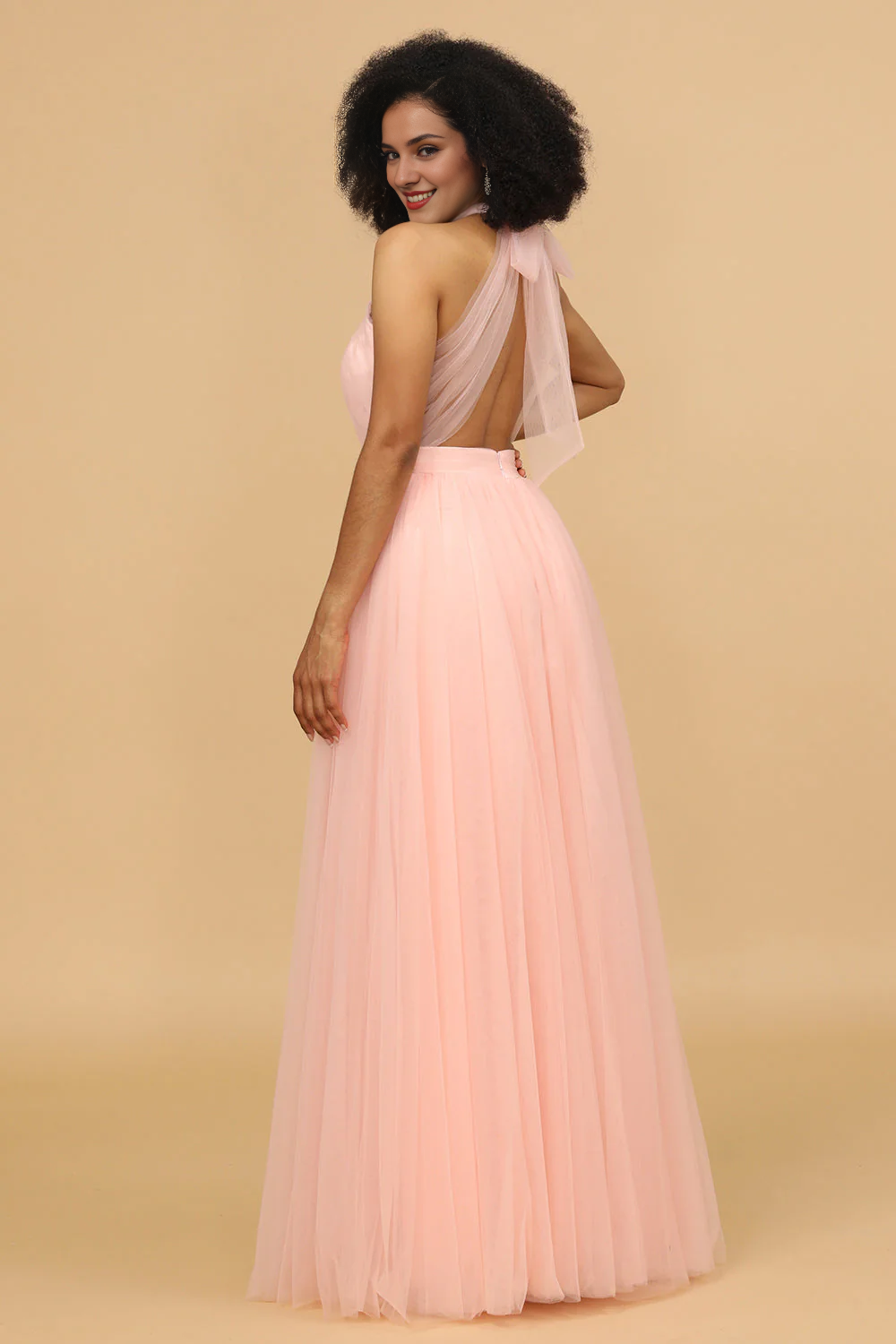 Powder blusher A-shaped neck and floor tulle bridesmaid dress