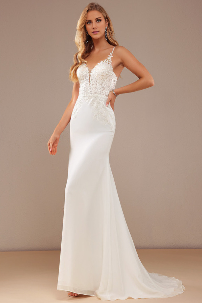 Horn/fish tail V-neck sweeping tail fine shoulder strap chiffon lace wedding dress